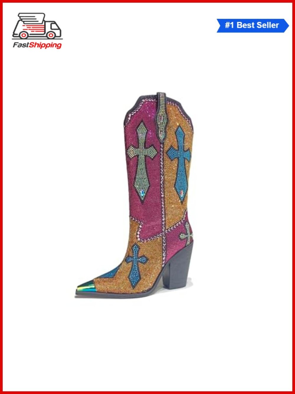 ✨ Krylinette Rhinestone Cowboy Boots Pointed Toe Knee High Western Faux Leather